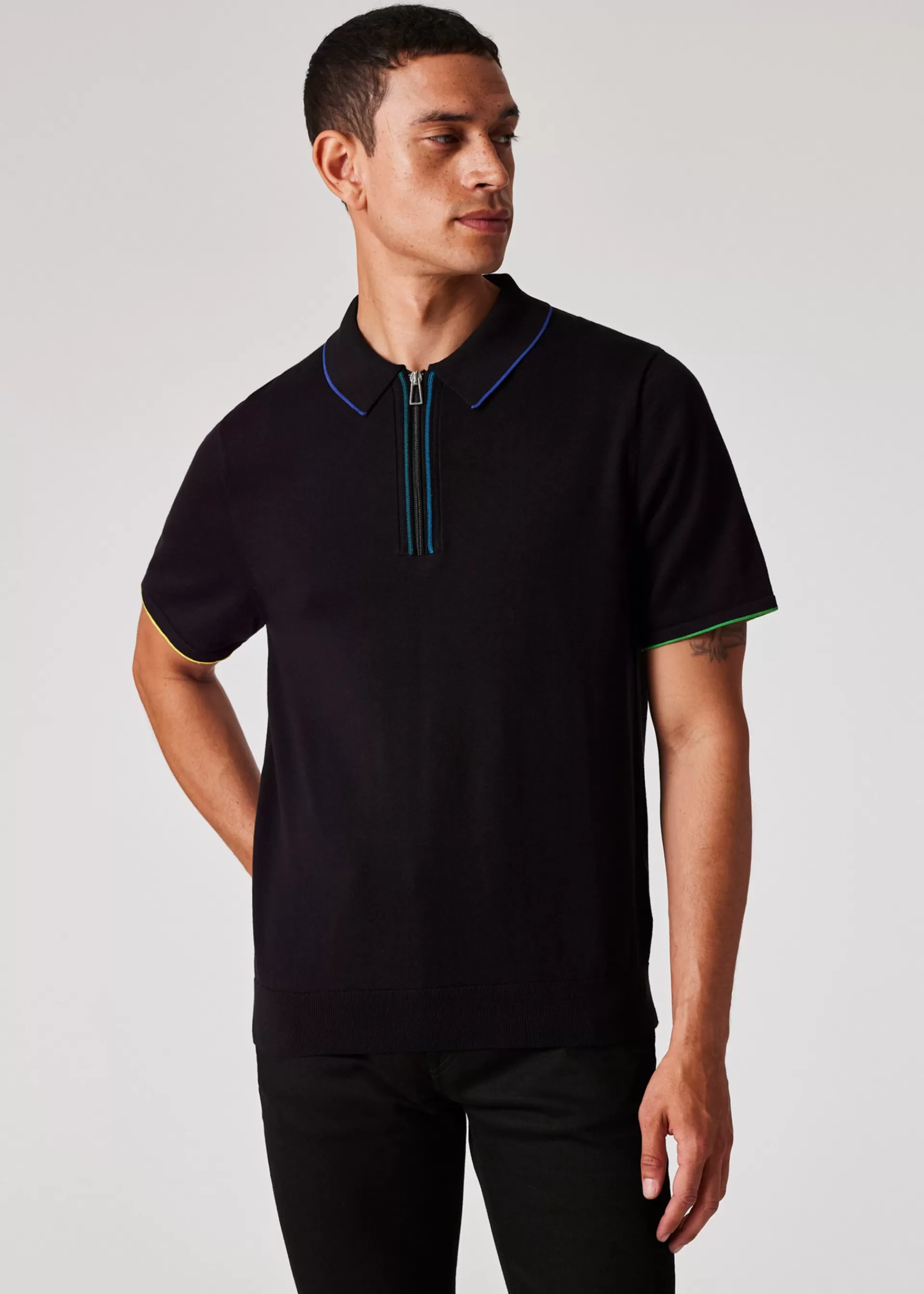 Black Knitted Cotton Zip Polo Shirt>Paul Smith Sale