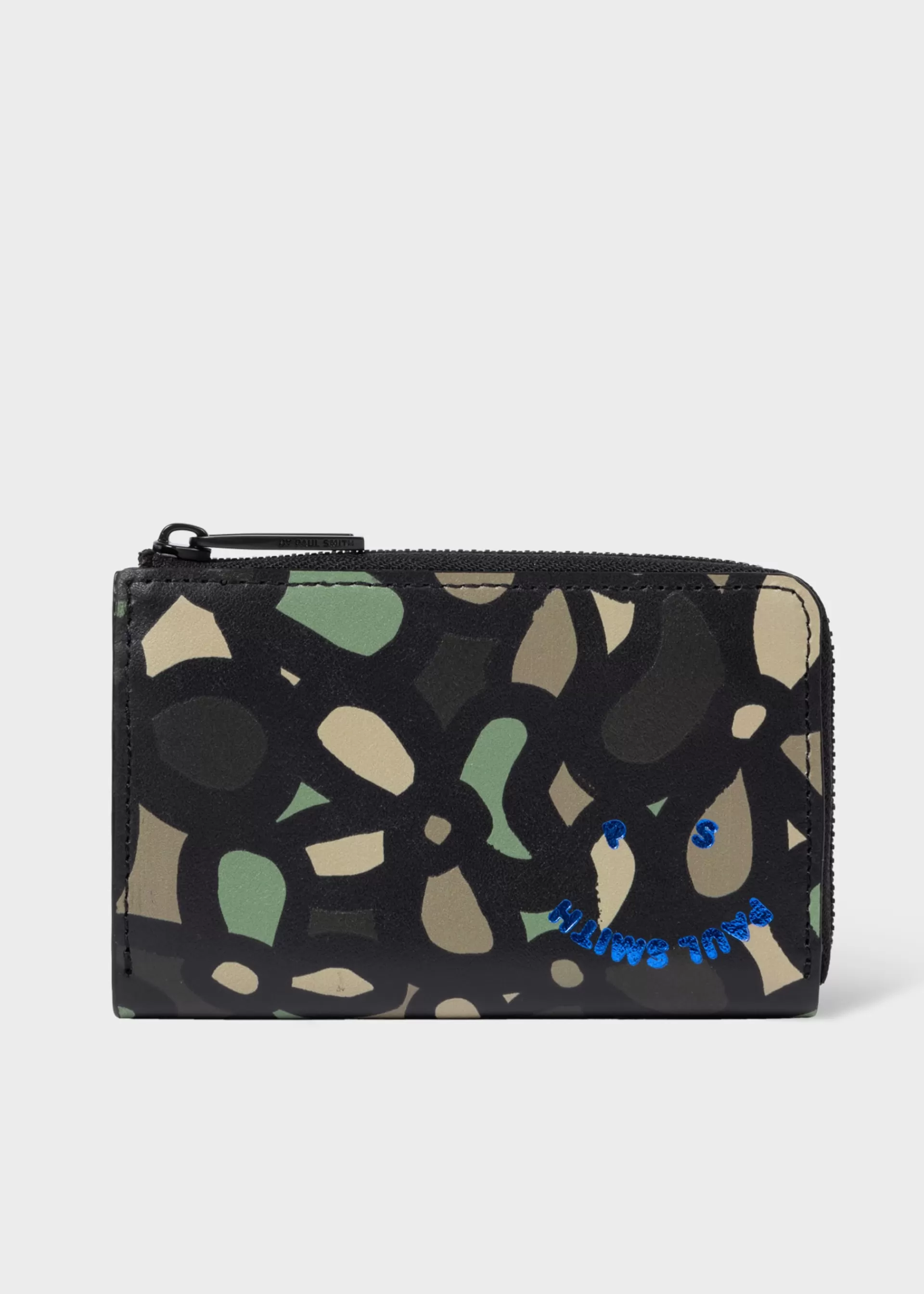 Black Leather Floral PS Happy Zip Pouch Wallet>Paul Smith Hot