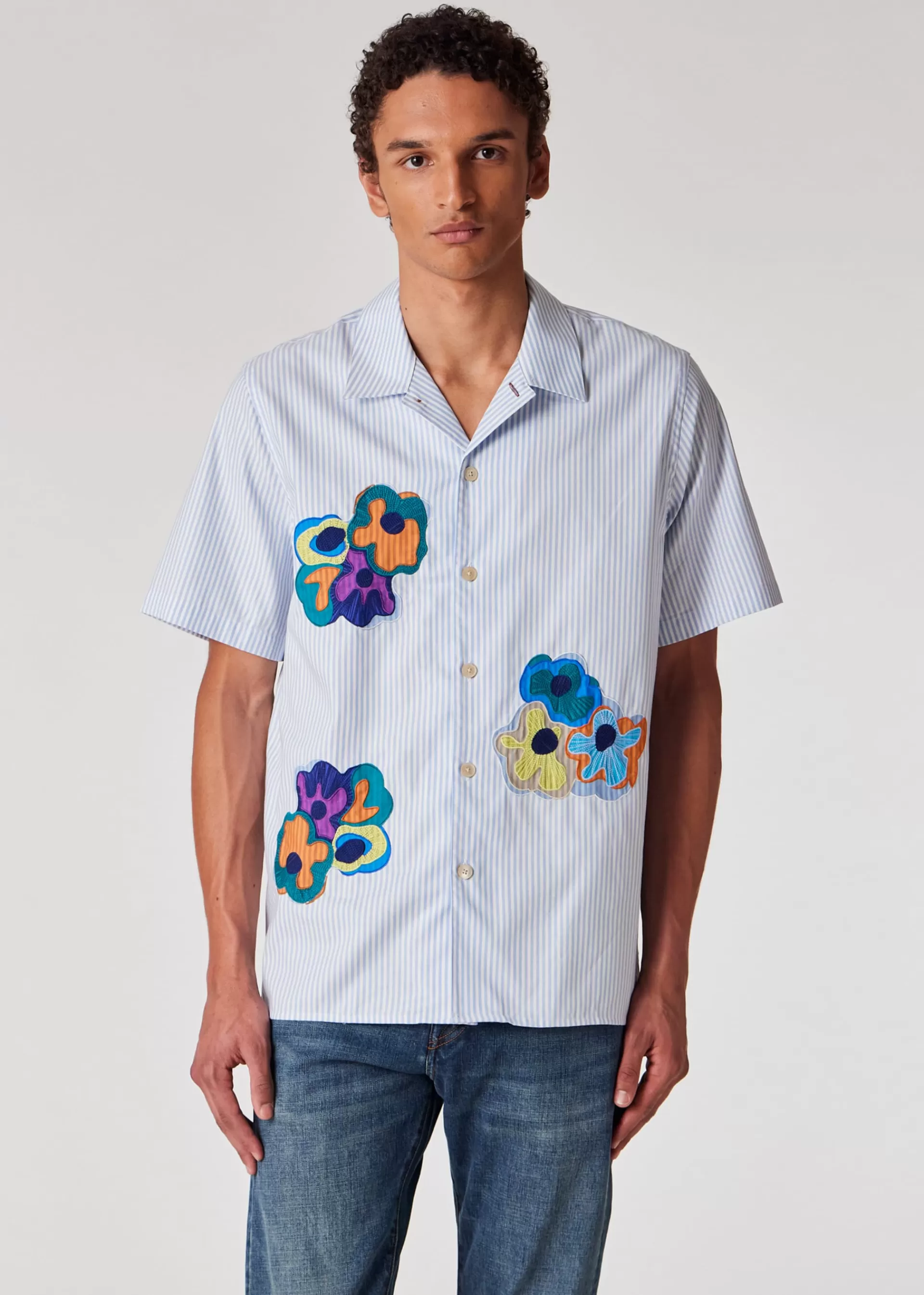Blue Oxford Stripe 'Bold Florals' Applique Shirt>Paul Smith Store