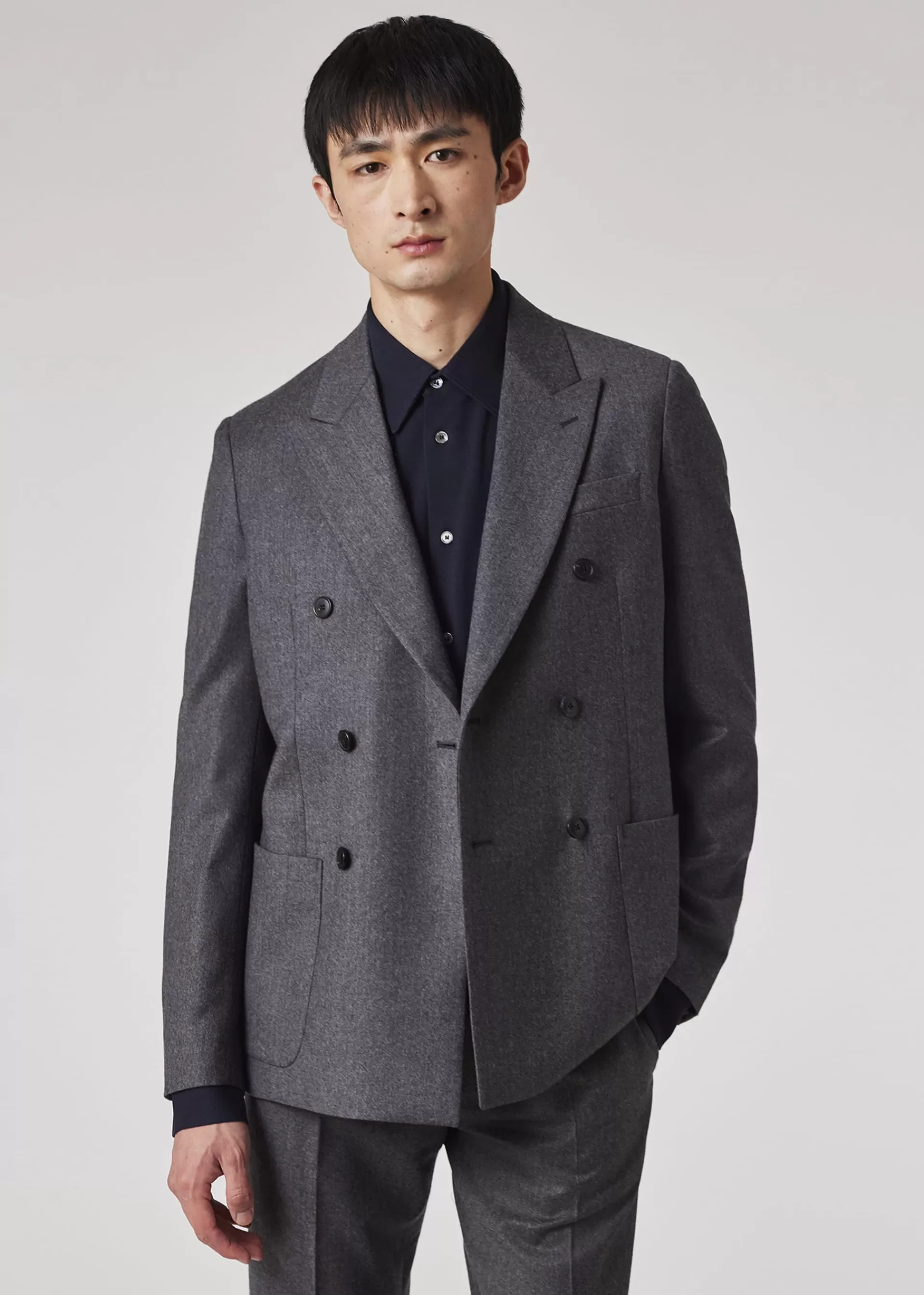 Charcoal Grey Overdyed Wool-Cashmere Flannel Double-Breasted Blazer>Paul Smith Online