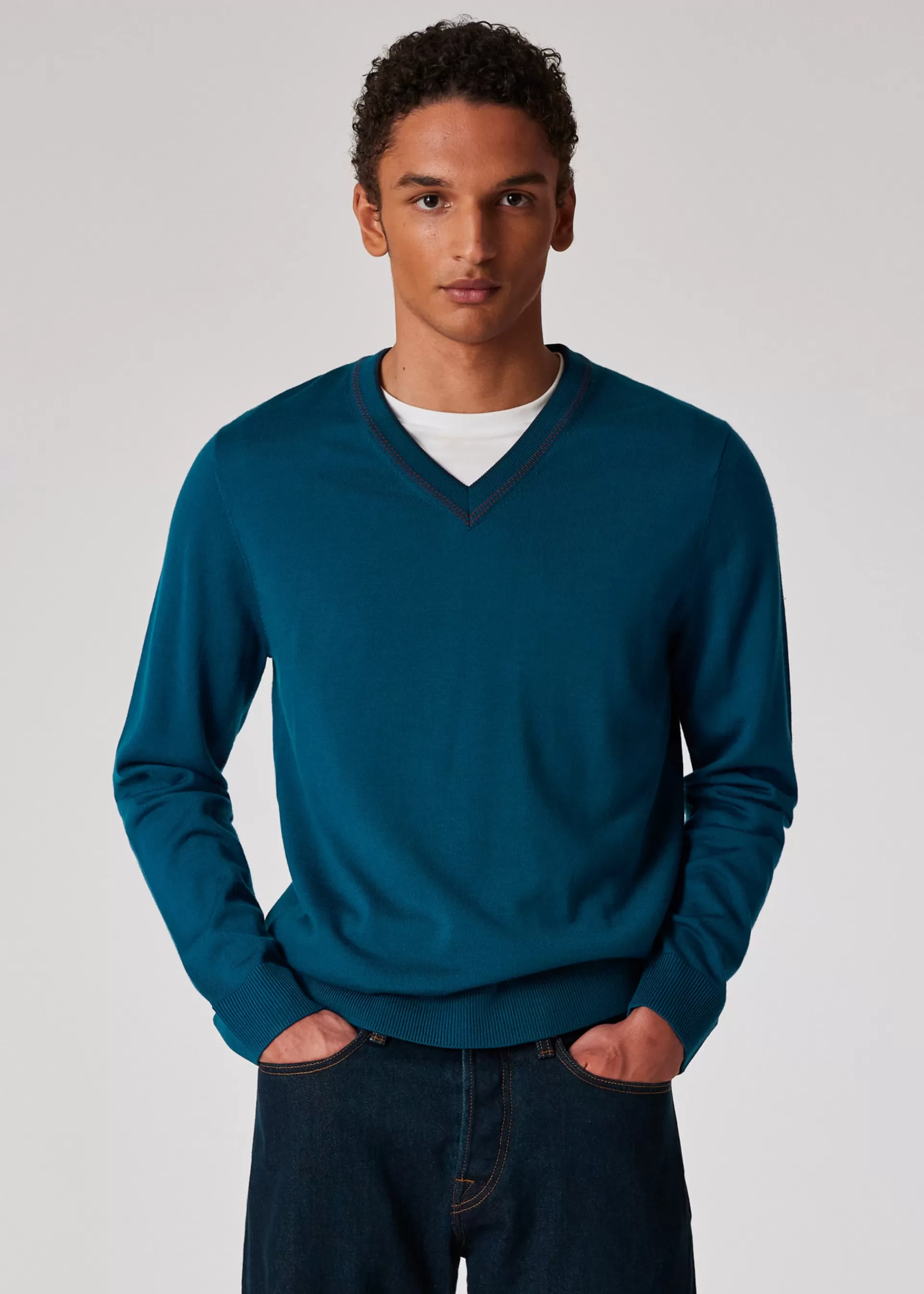 Cobalt Blue Merino Wool Contrast V-Neck Sweater>Paul Smith Cheap