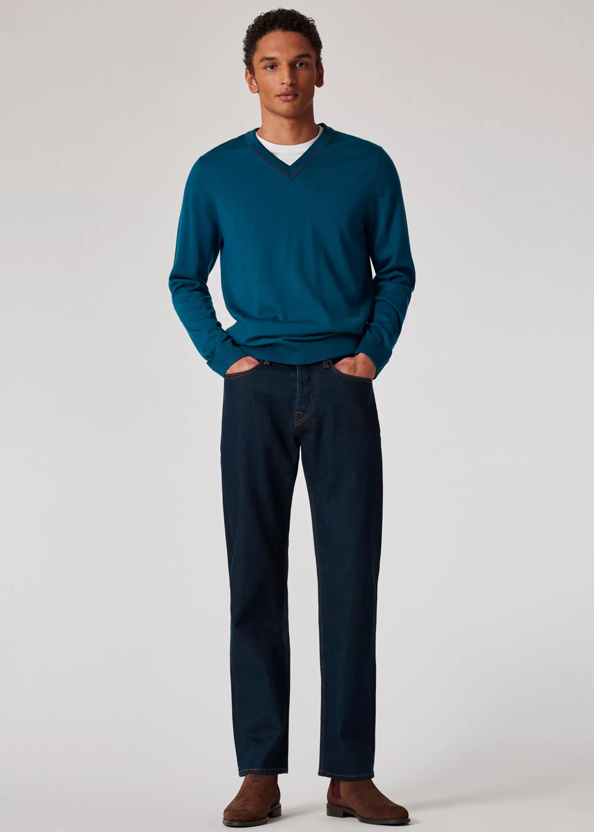 Cobalt Blue Merino Wool Contrast V-Neck Sweater>Paul Smith Cheap