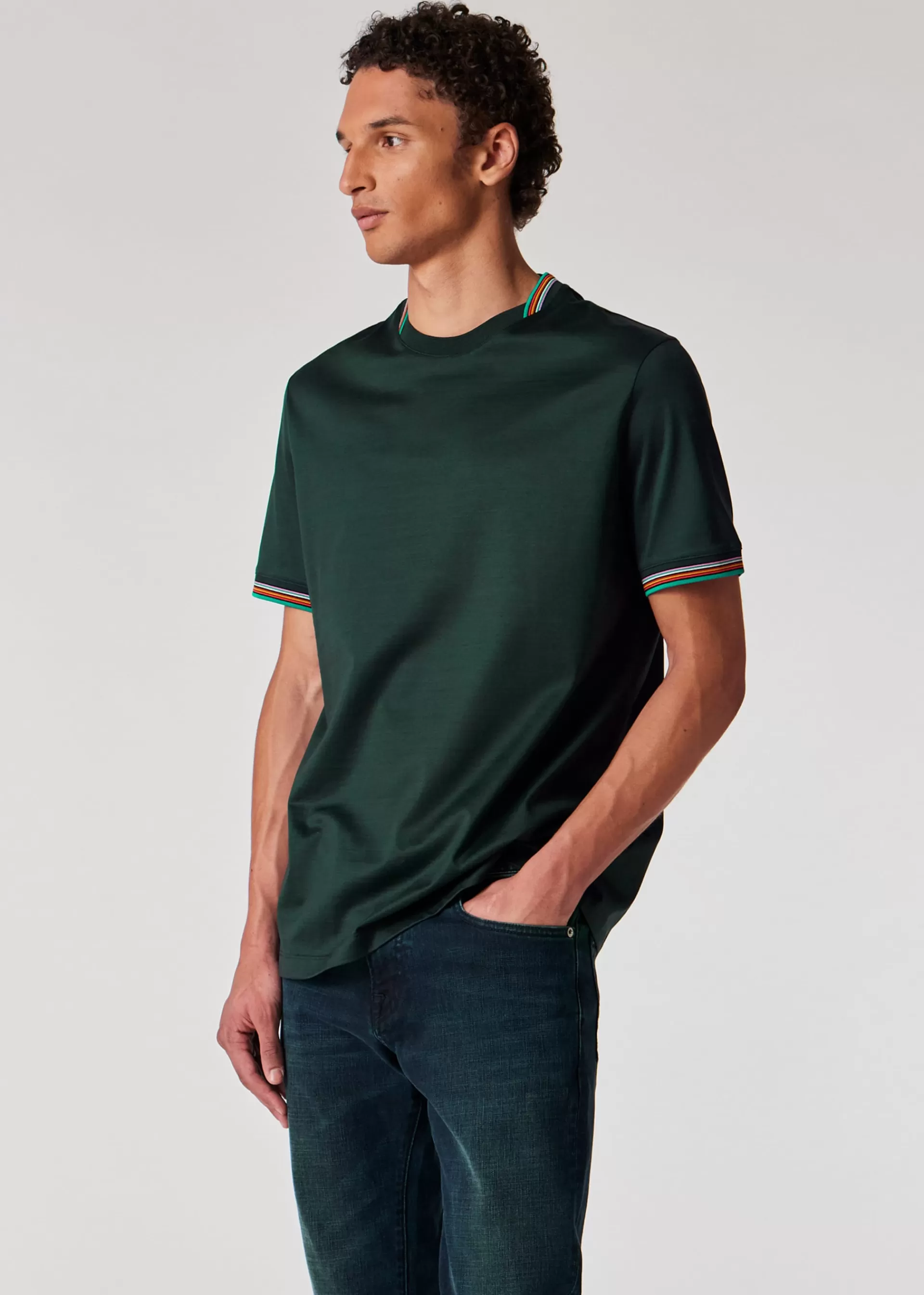 Dark Green Mercerised Cotton 'Signature Stripe' Trim T-Shirt>Paul Smith Store