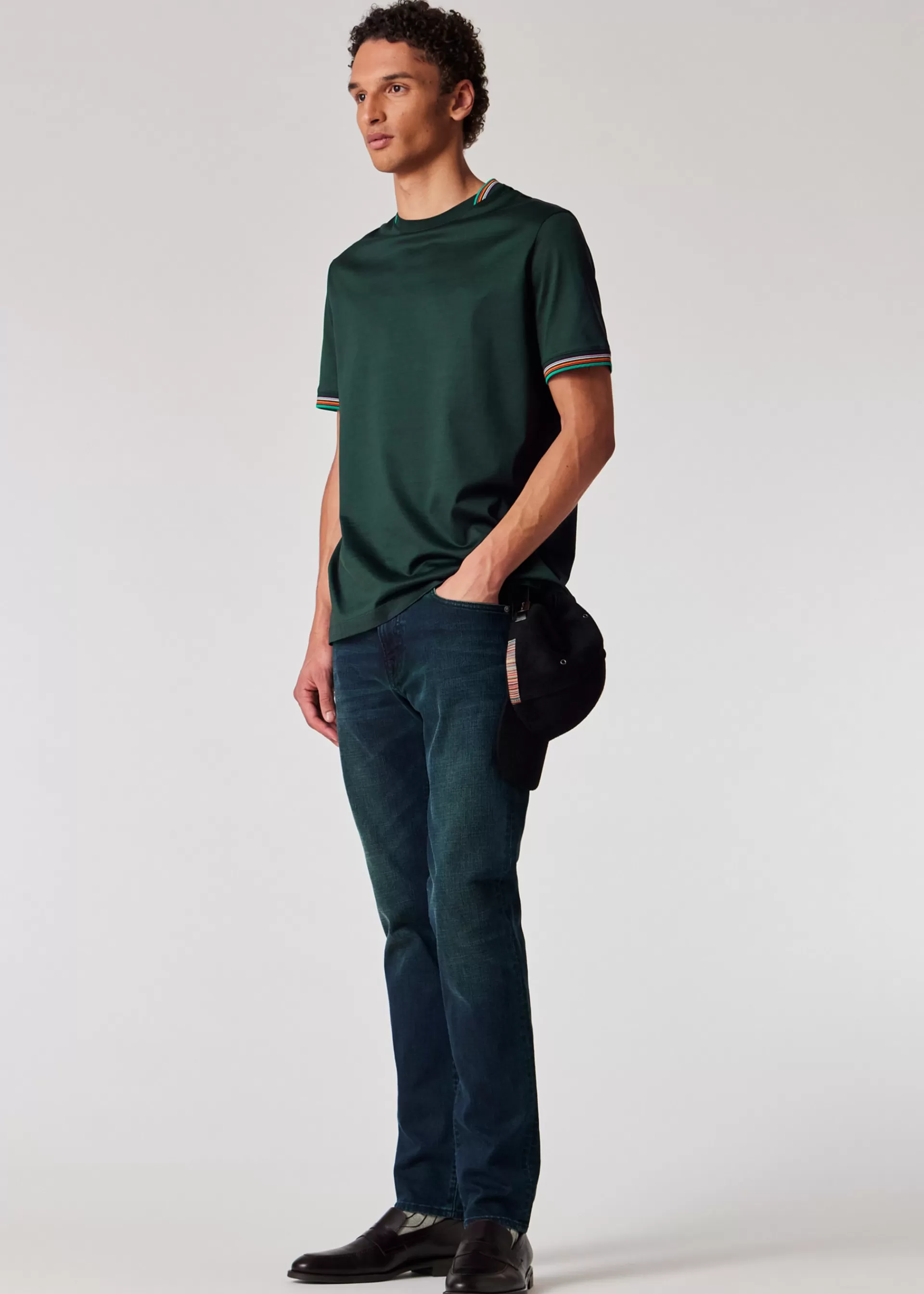 Dark Green Mercerised Cotton 'Signature Stripe' Trim T-Shirt>Paul Smith Store