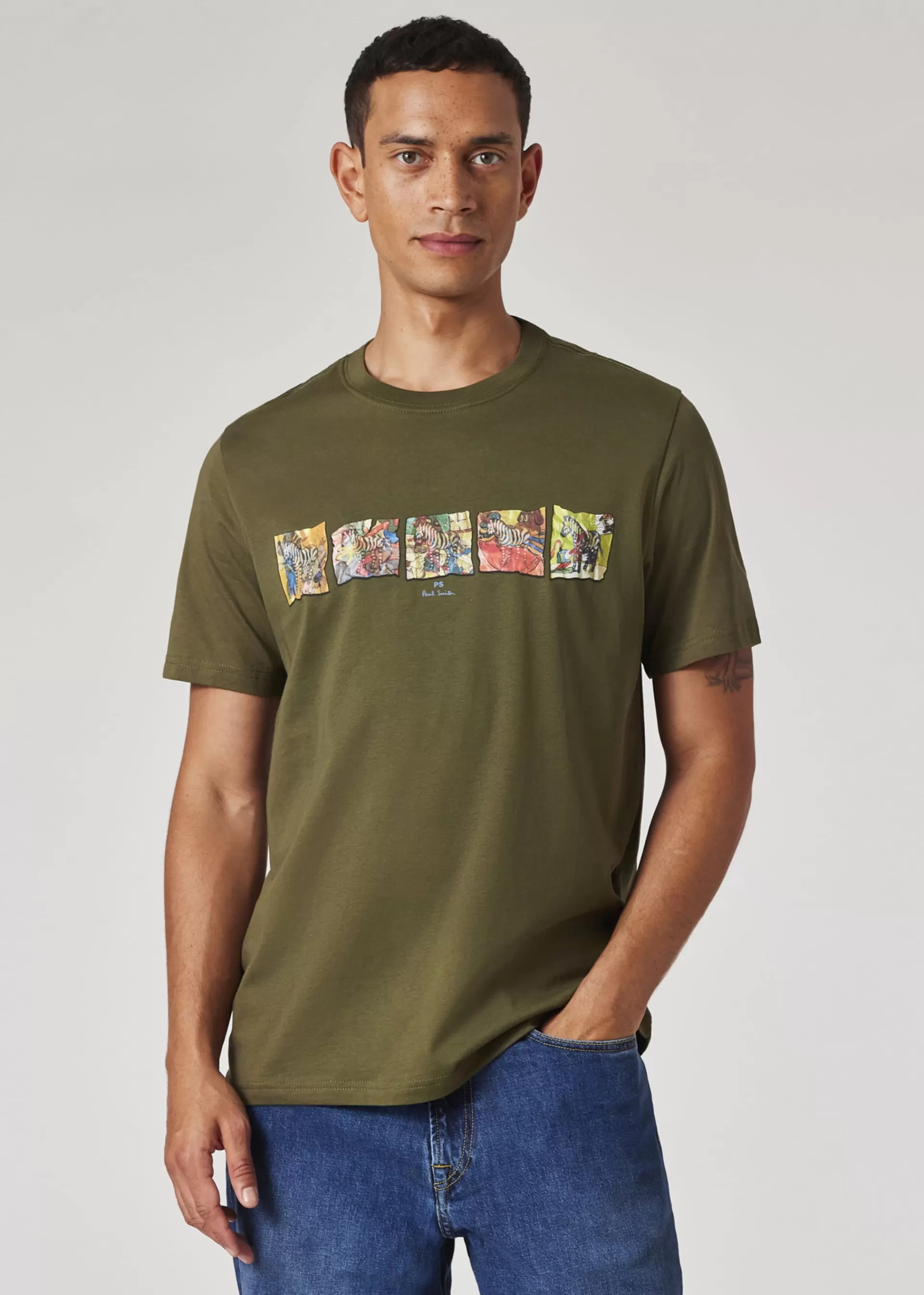 Dark Green 'Zebra' Line Up Print T-Shirt>Paul Smith Store