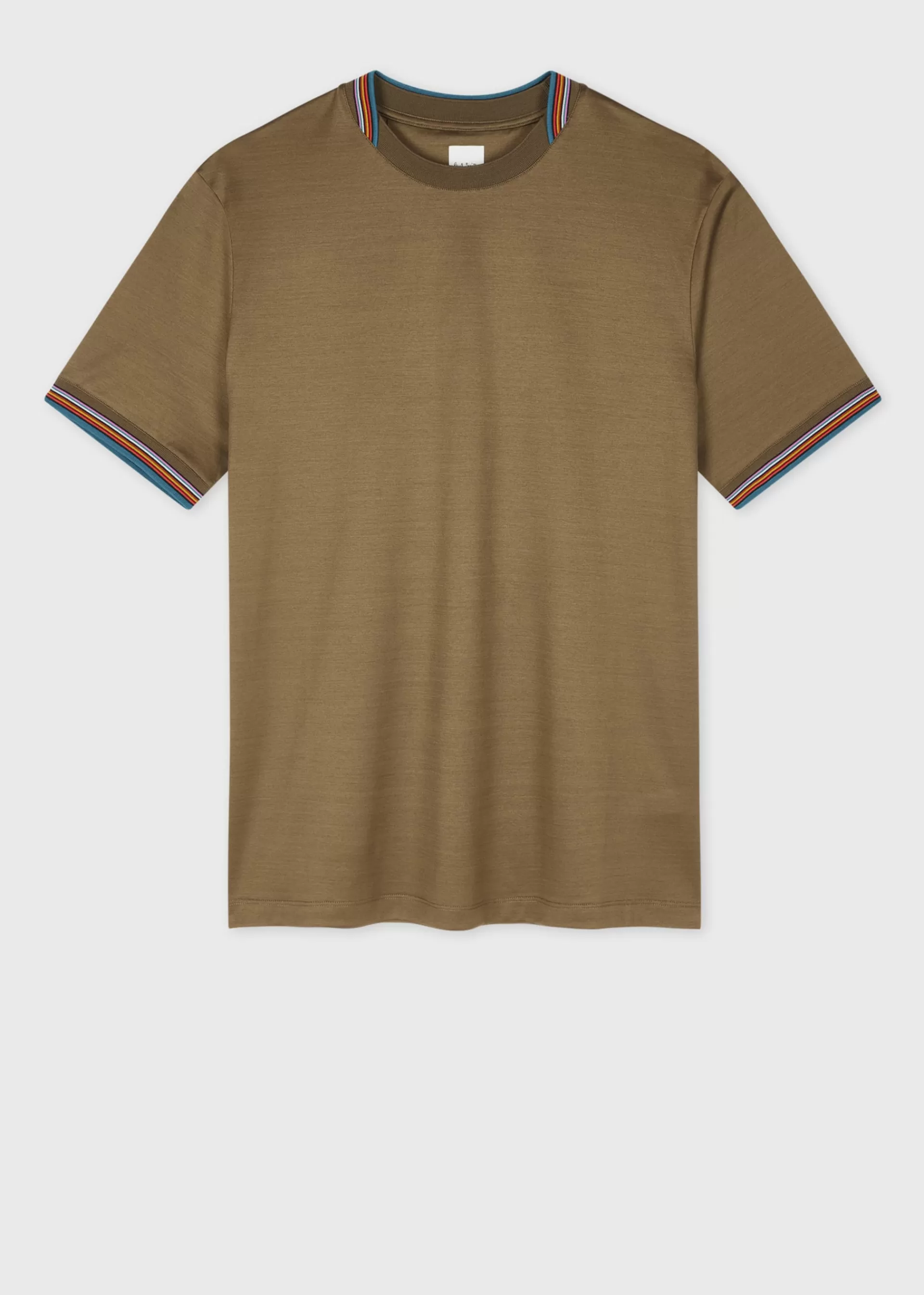 Dark Khaki Mercerised Cotton 'Signature Stripe' Trim T-Shirt>Paul Smith Online