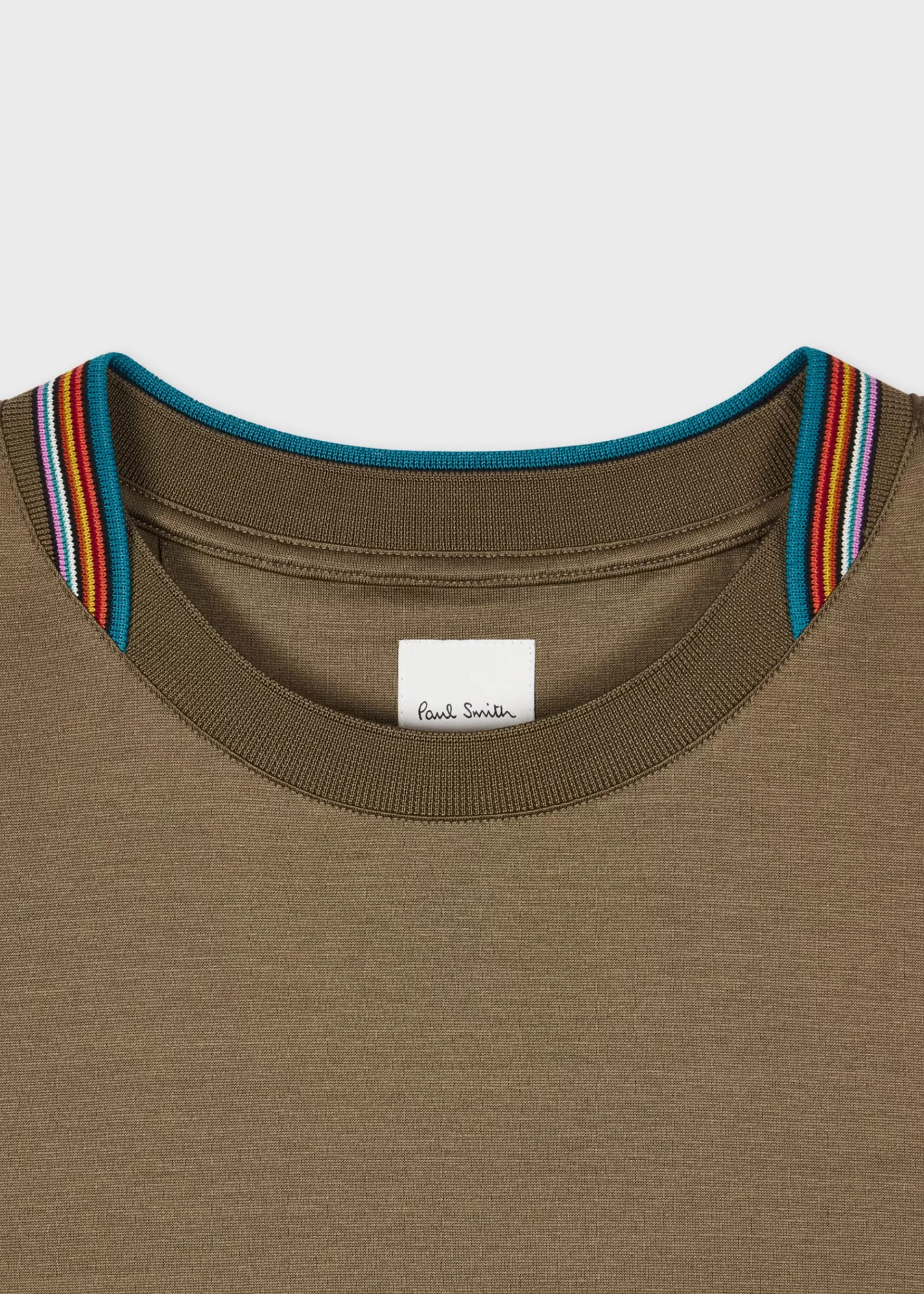 Dark Khaki Mercerised Cotton 'Signature Stripe' Trim T-Shirt>Paul Smith Online