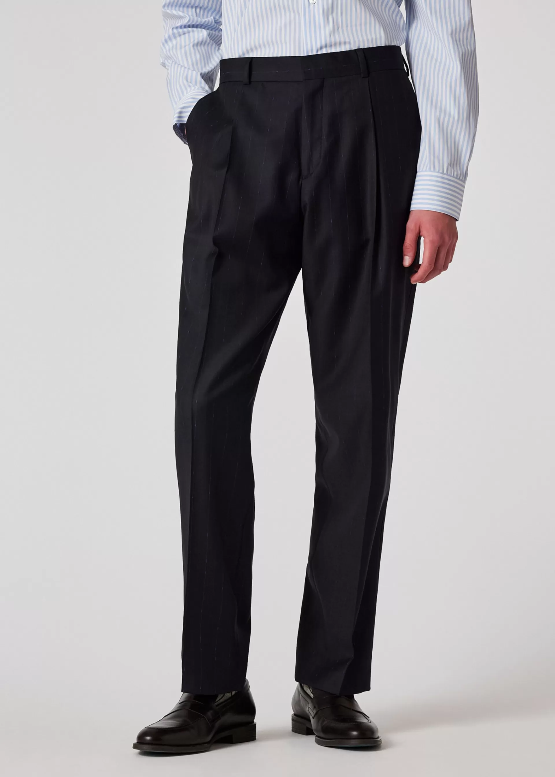 Dark Navy Pinstripe Wool Pleated Trousers>Paul Smith Online