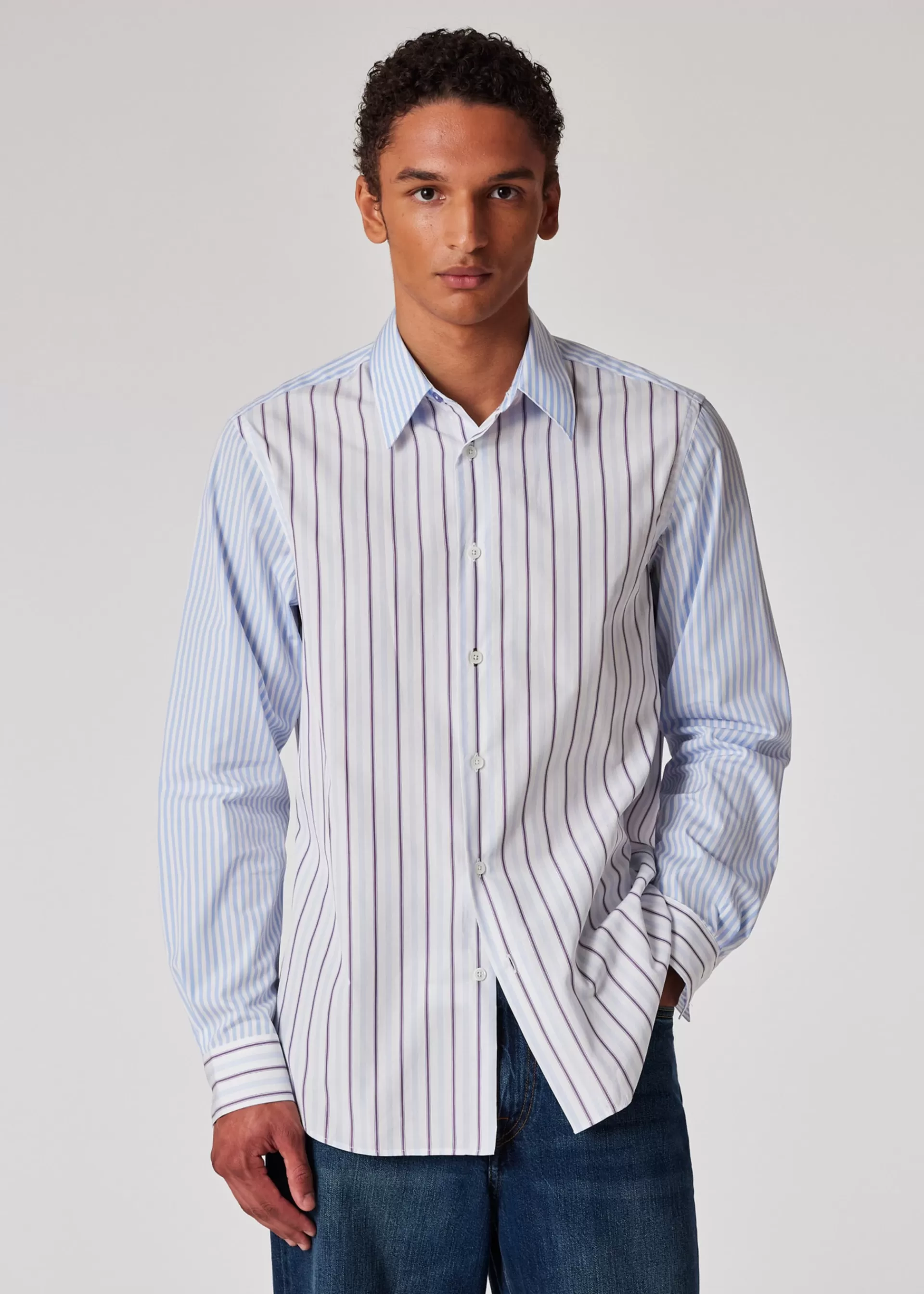 Light Blue Mix-Up Stripe Cotton Shirt>Paul Smith Store