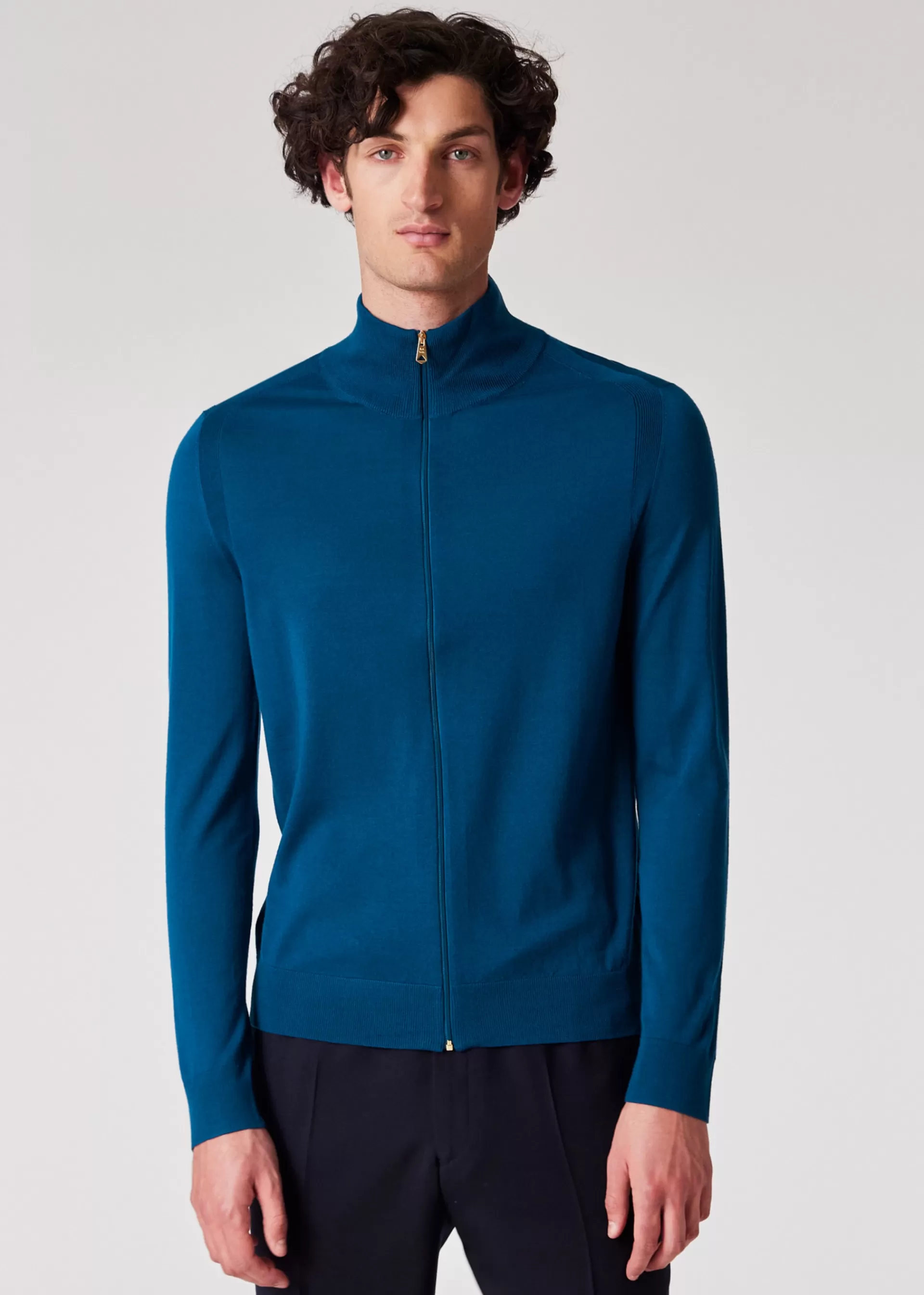 Mid Blue Merino Wool Full Zip Cardigan>Paul Smith Shop