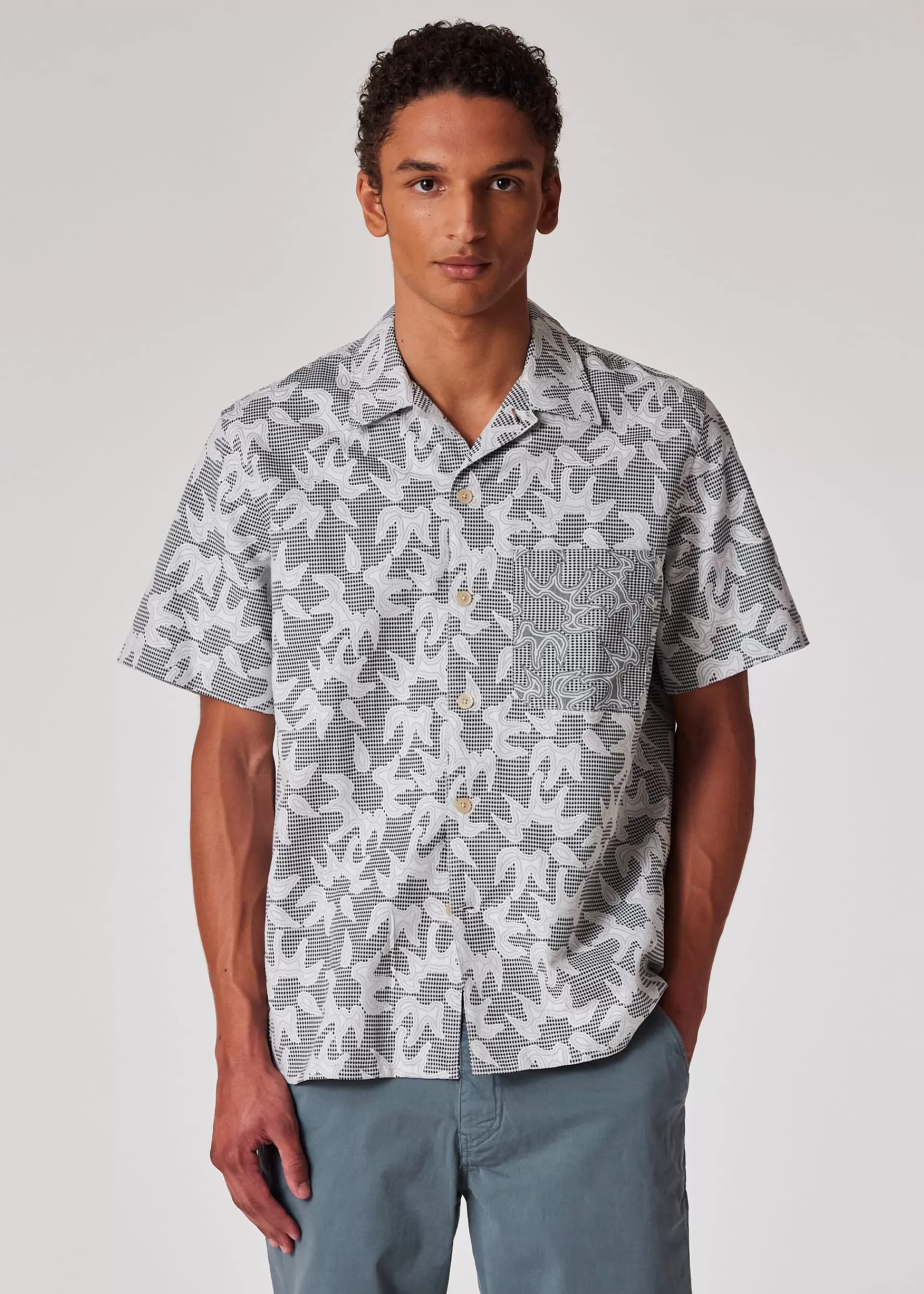 Navy and White Floral-Check Textured Cotton Shirt>Paul Smith Hot