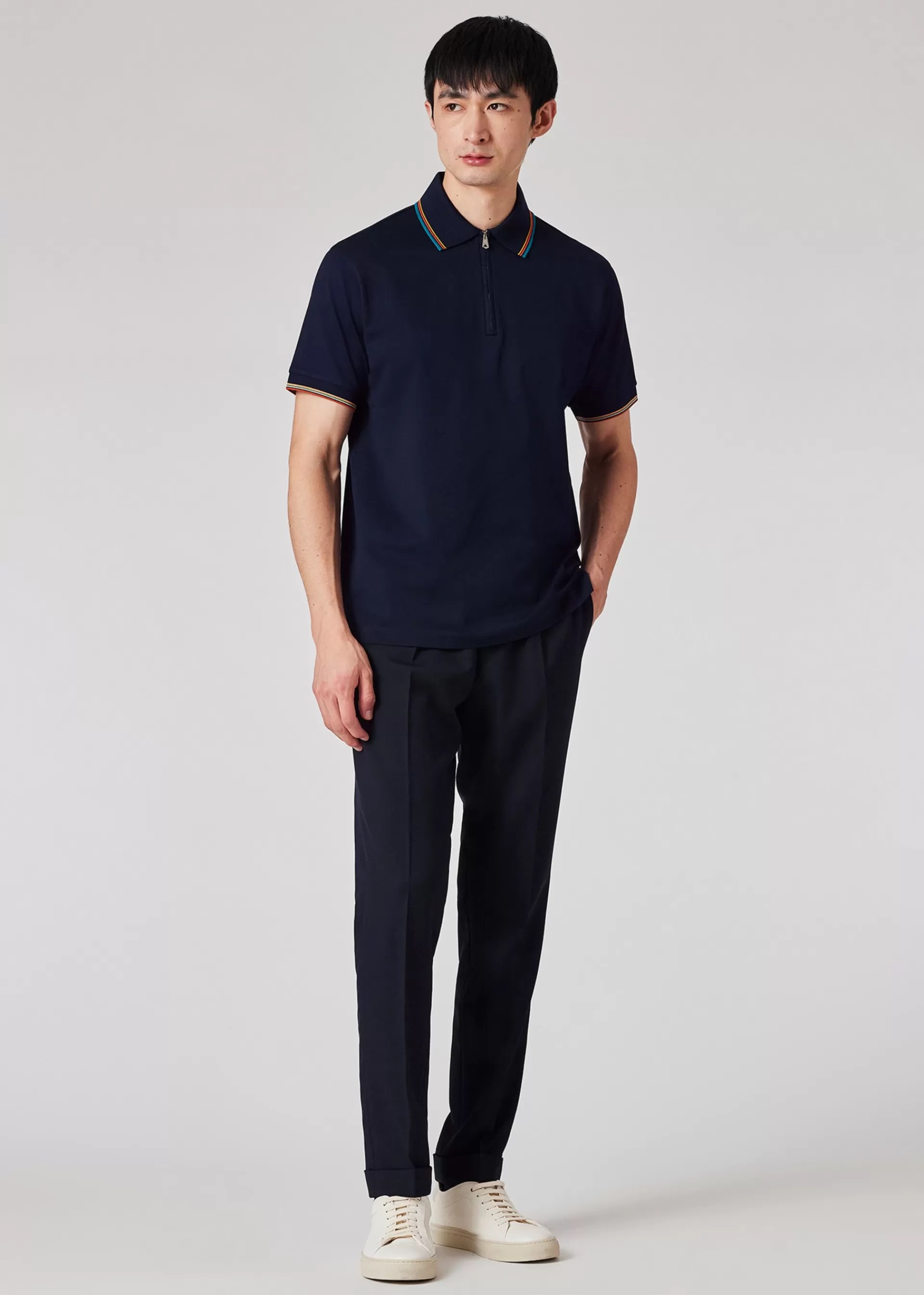 Cotton 'Signature Stripe' Trim Zip Polo Shirt>Paul Smith Cheap