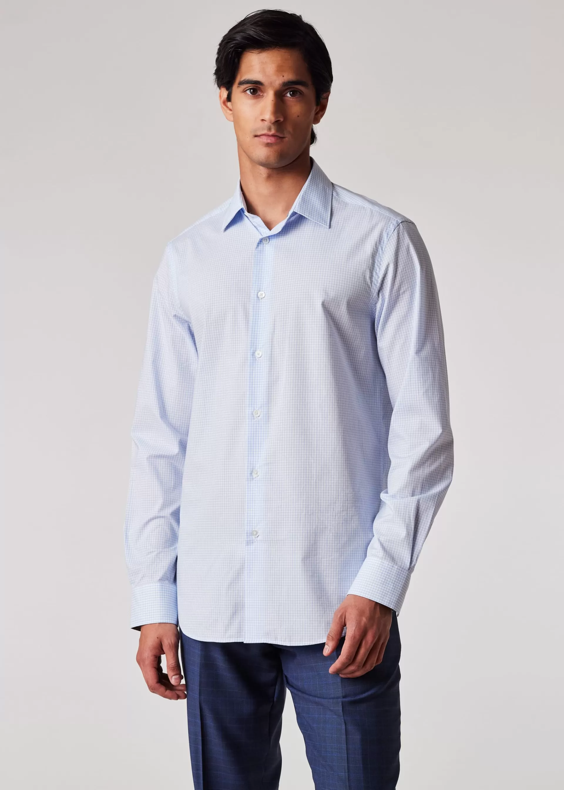 Pale Blue Tailored-Fit Gingham Cotton Shirt>Paul Smith Store