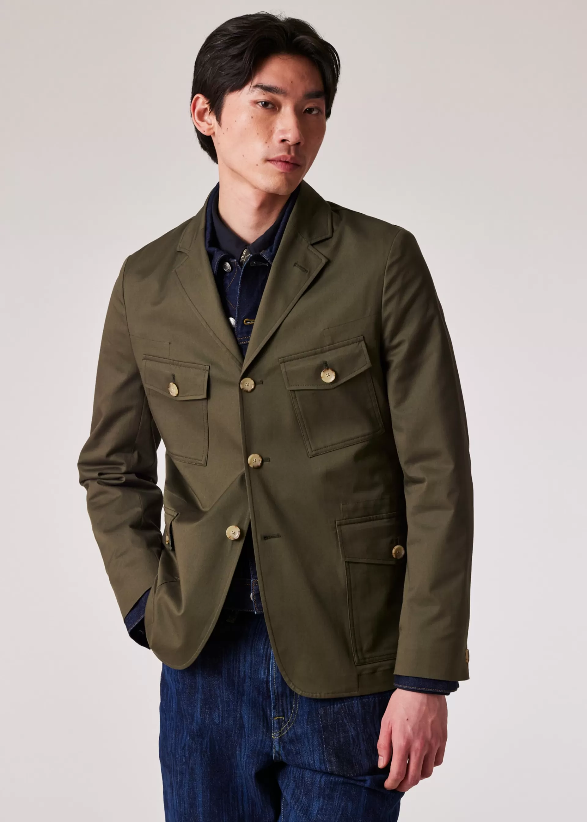 Slate Khaki Fine Cotton-Twill Four Pocket Blazer>Paul Smith Shop