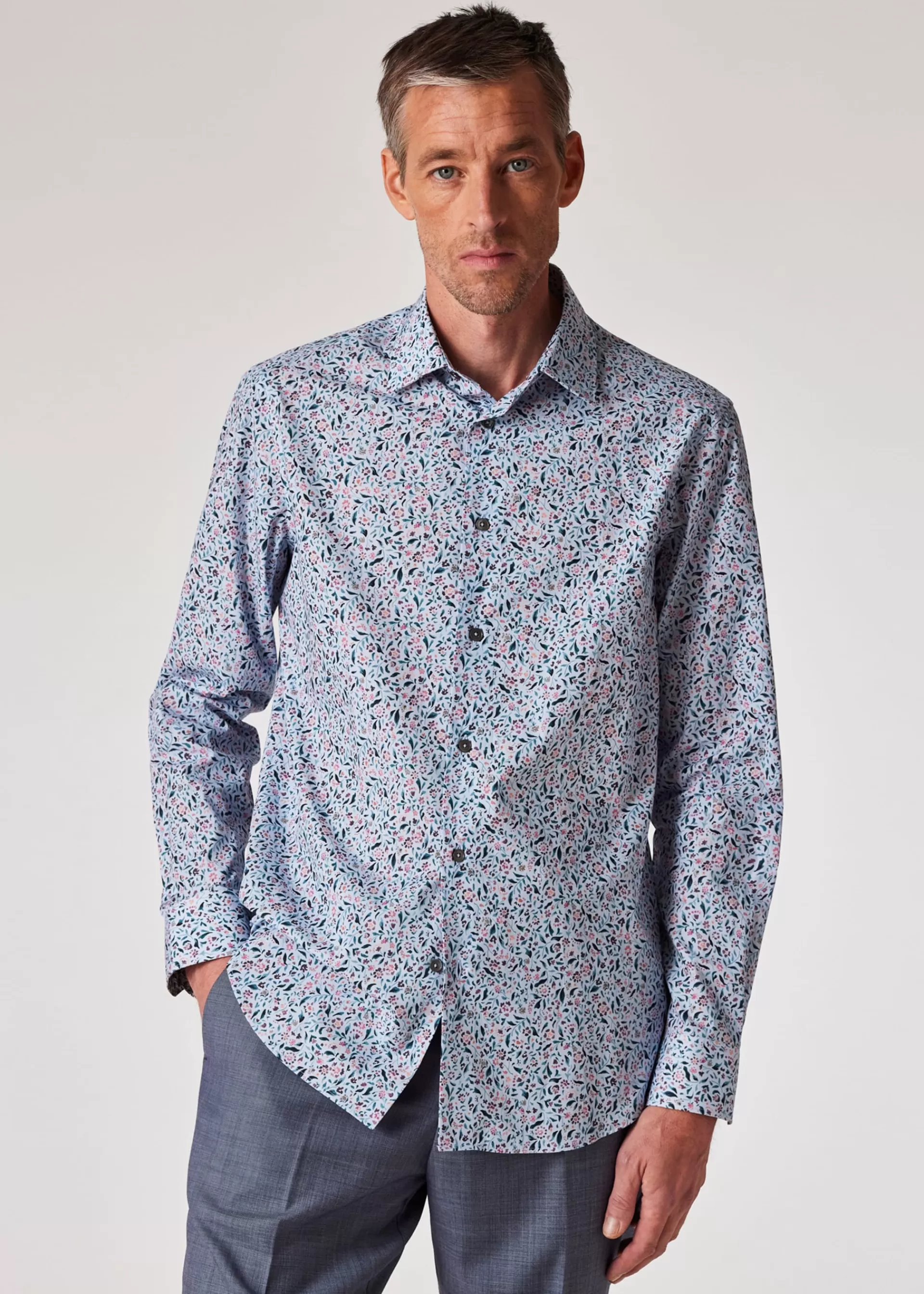 Tailored-Fit Light Blue Floral Print Cotton Shirt>Paul Smith Cheap