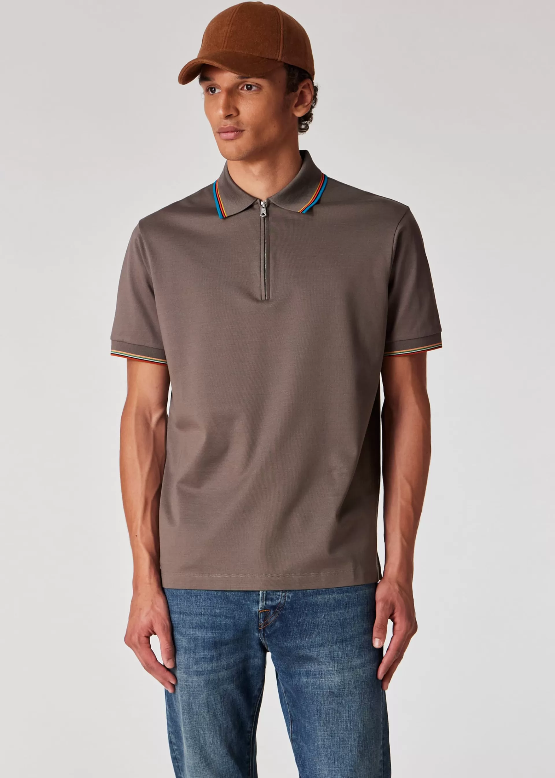 Taupe Cotton 'Signature Stripe' Trim Zip Polo Shirt>Paul Smith Clearance