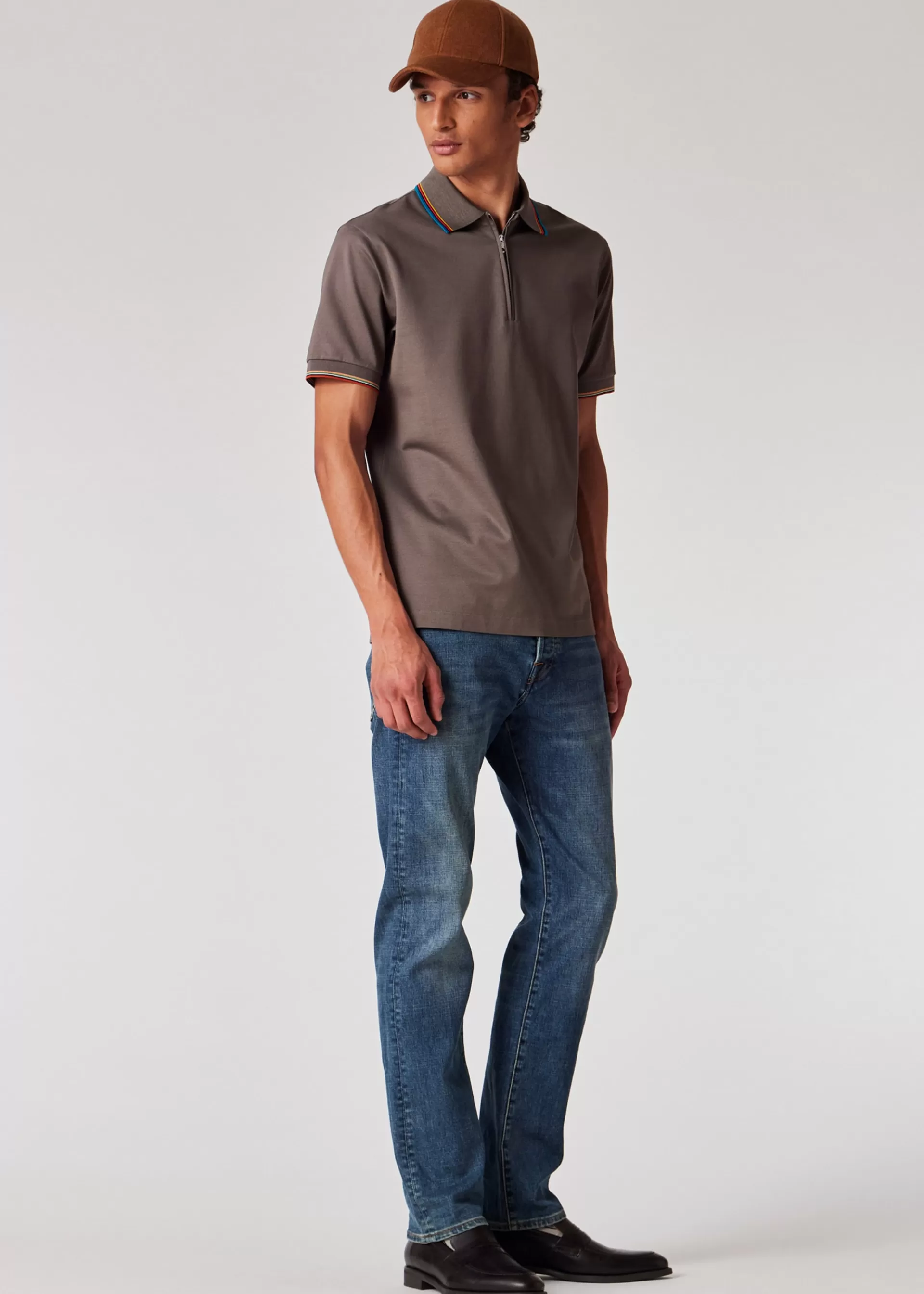 Taupe Cotton 'Signature Stripe' Trim Zip Polo Shirt>Paul Smith Clearance