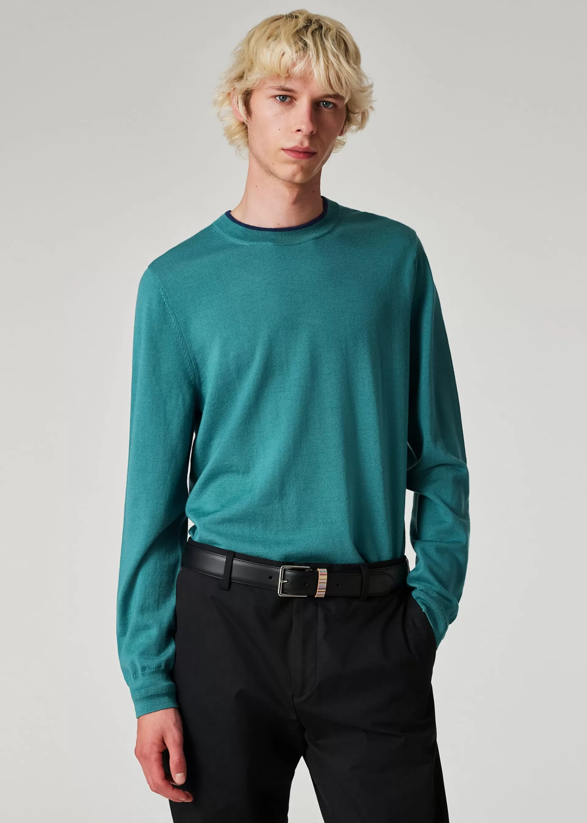 Teal Blue Merino Contrast-Collar Sweater>Paul Smith New