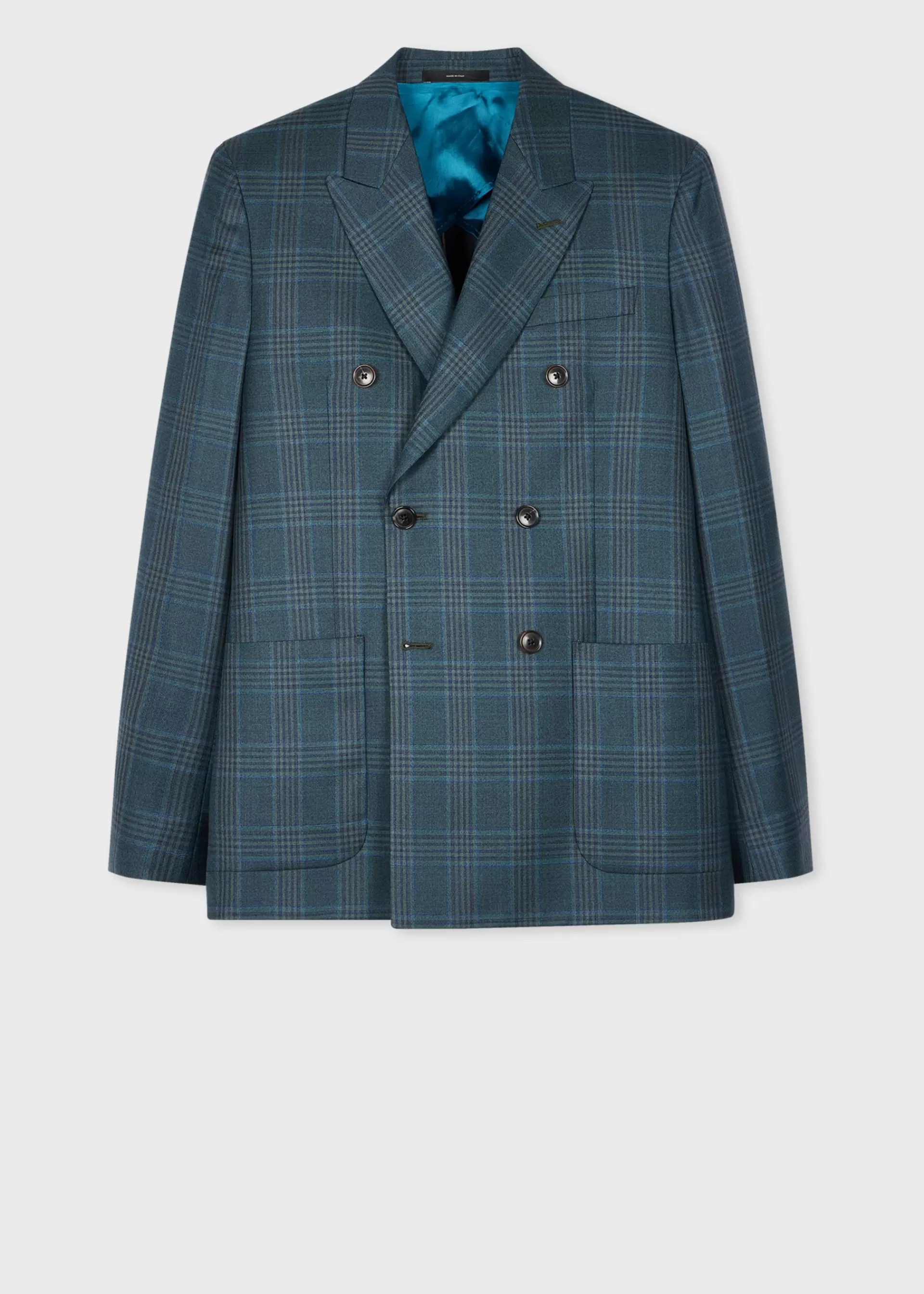 Teal Green Check Wool Double-Breasted Blazer>Paul Smith New