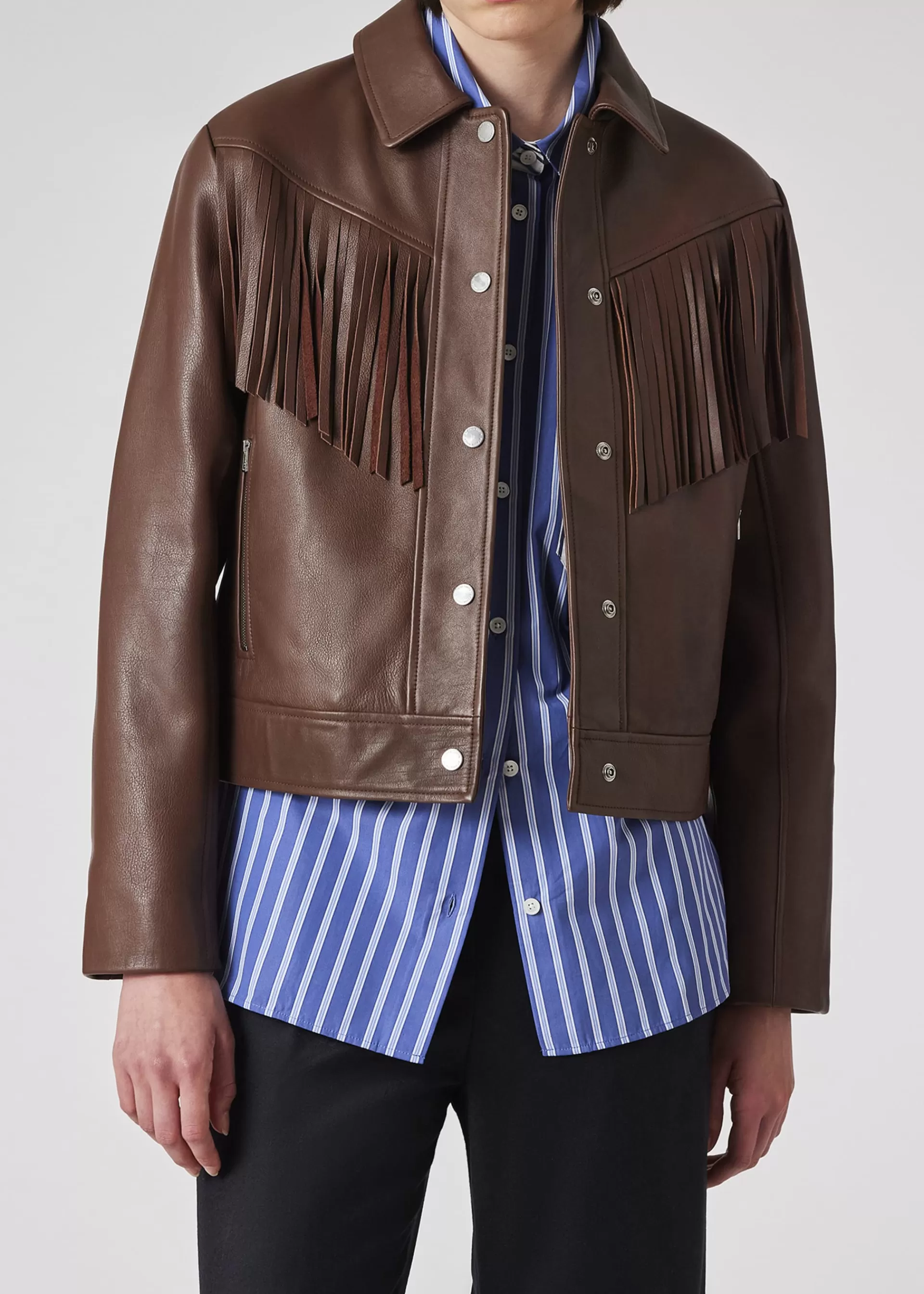 Women's Chocolate Brown Leather Fringe Jacket>Paul Smith Online