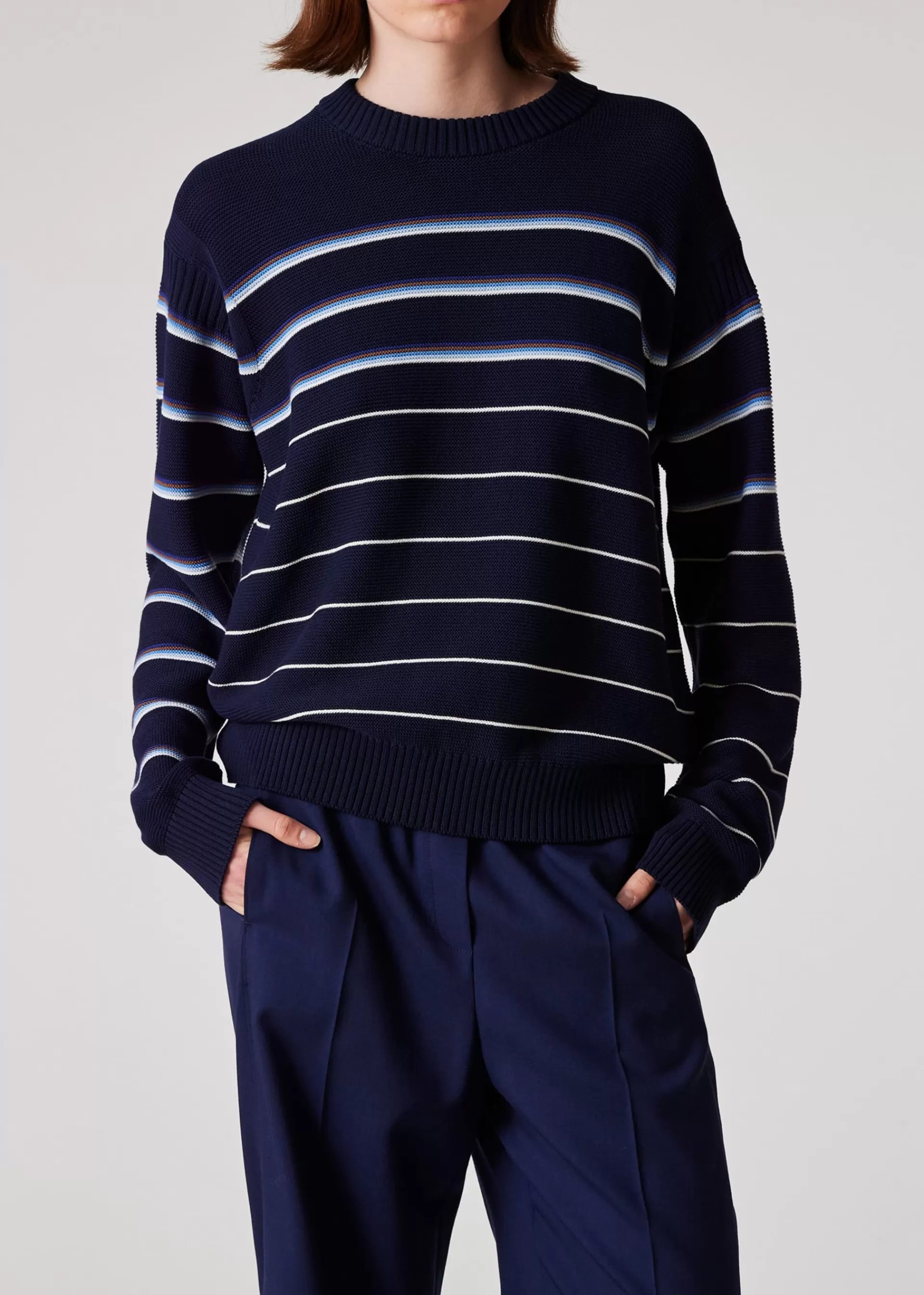 Women's Dark Blue Organic Cotton Multi Stripe Crew Neck Sweater>Paul Smith Cheap