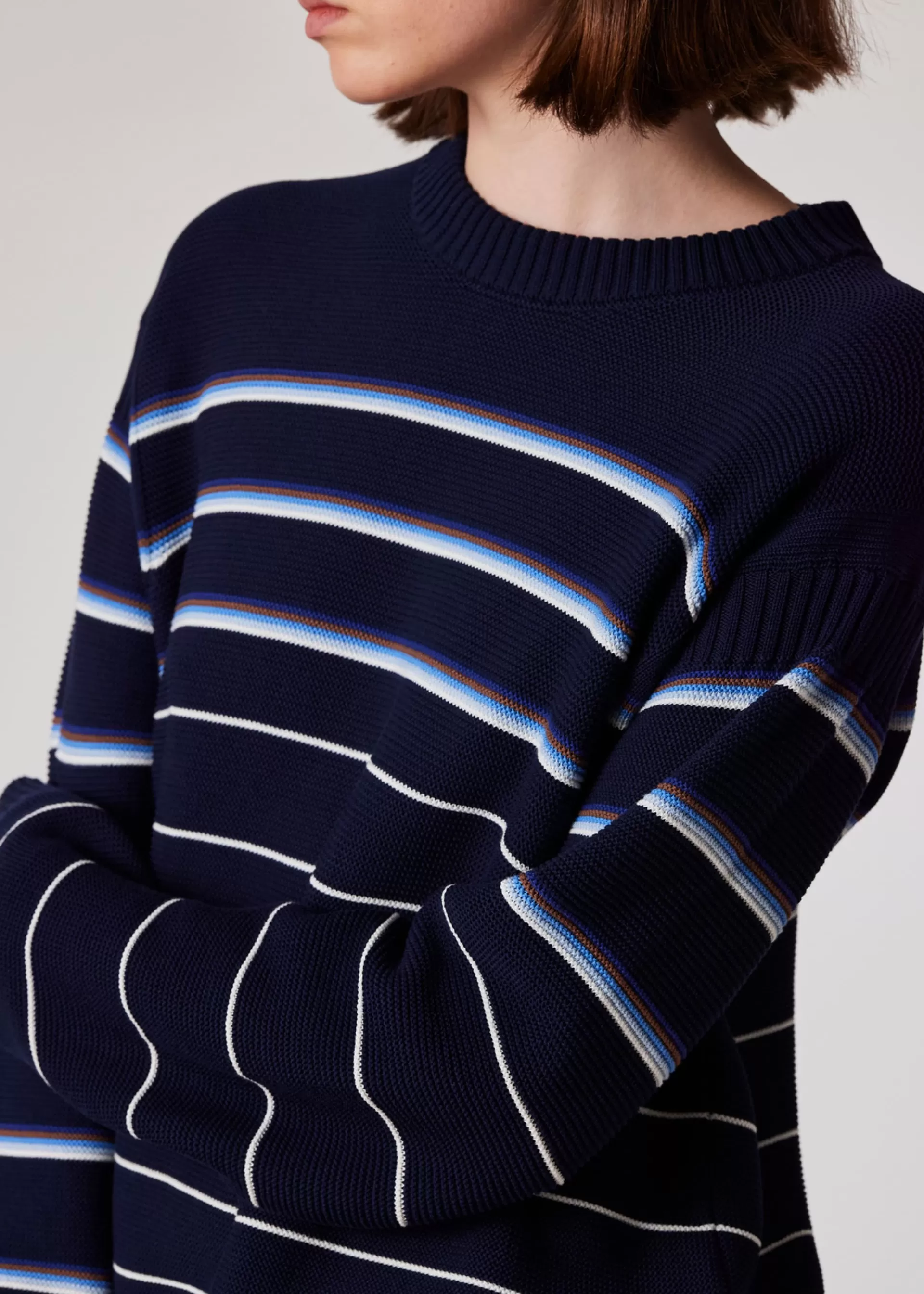 Women's Dark Blue Organic Cotton Multi Stripe Crew Neck Sweater>Paul Smith Cheap