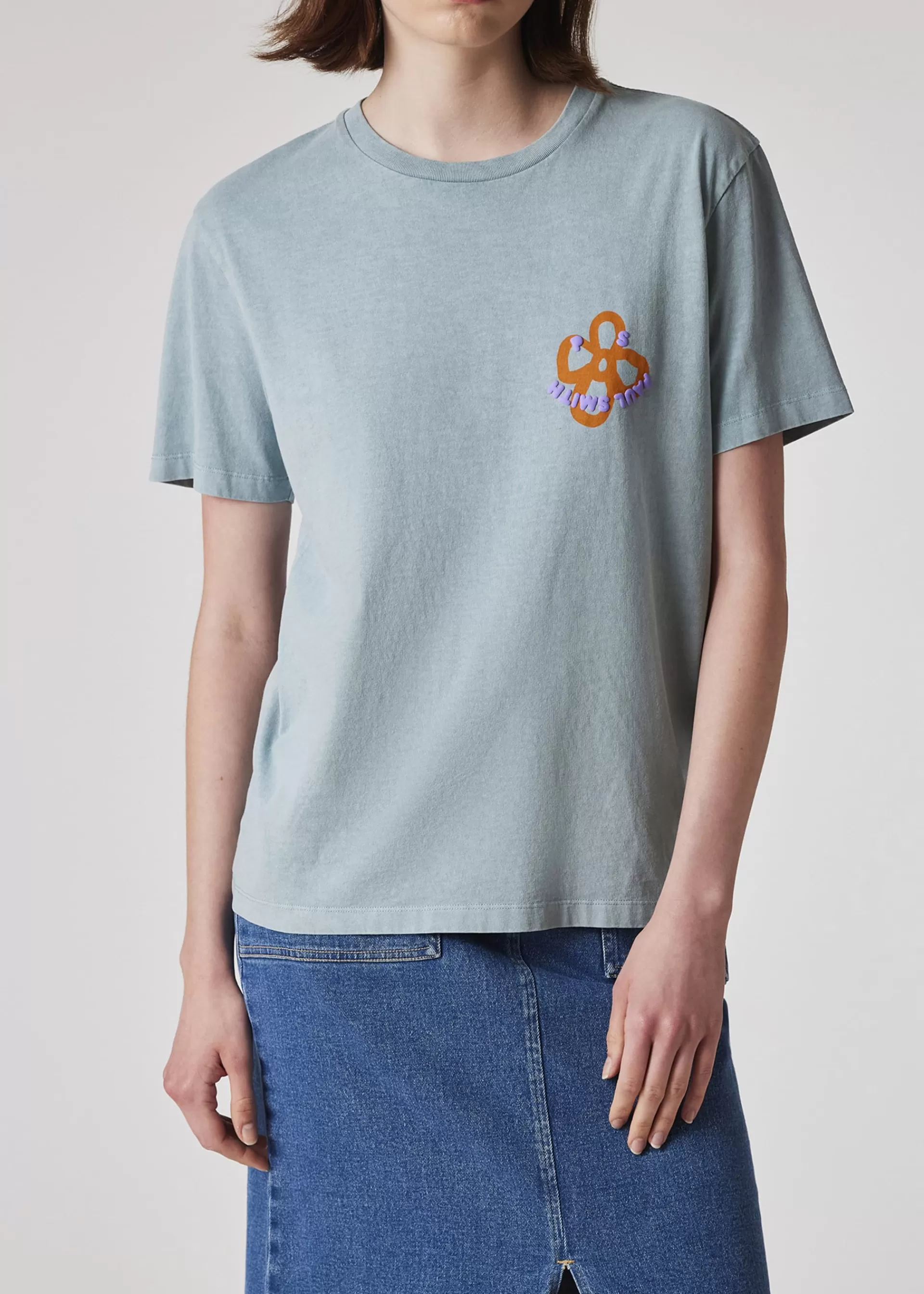 Women's Light Turquoise Acid Wash 'Happy' Flower T-Shirt>Paul Smith Cheap