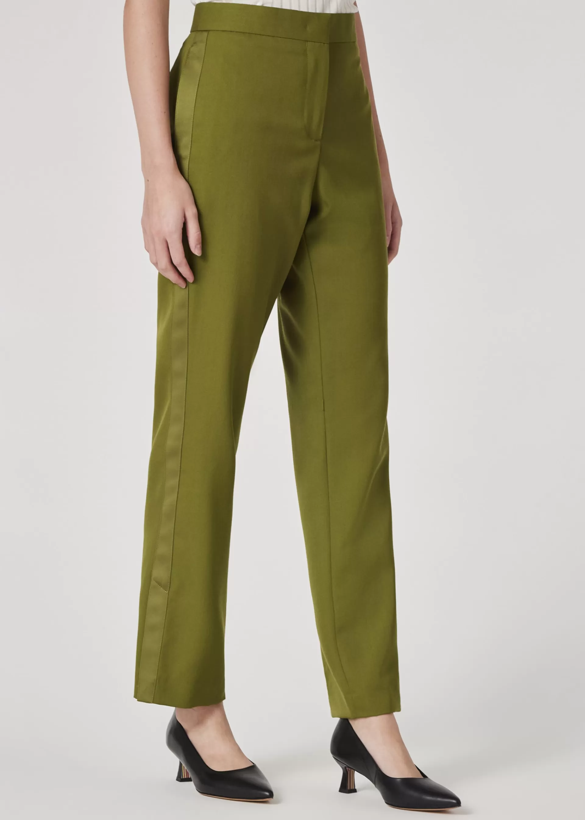 Women's Olive Green Wool Satin Trim Trousers>Paul Smith Store